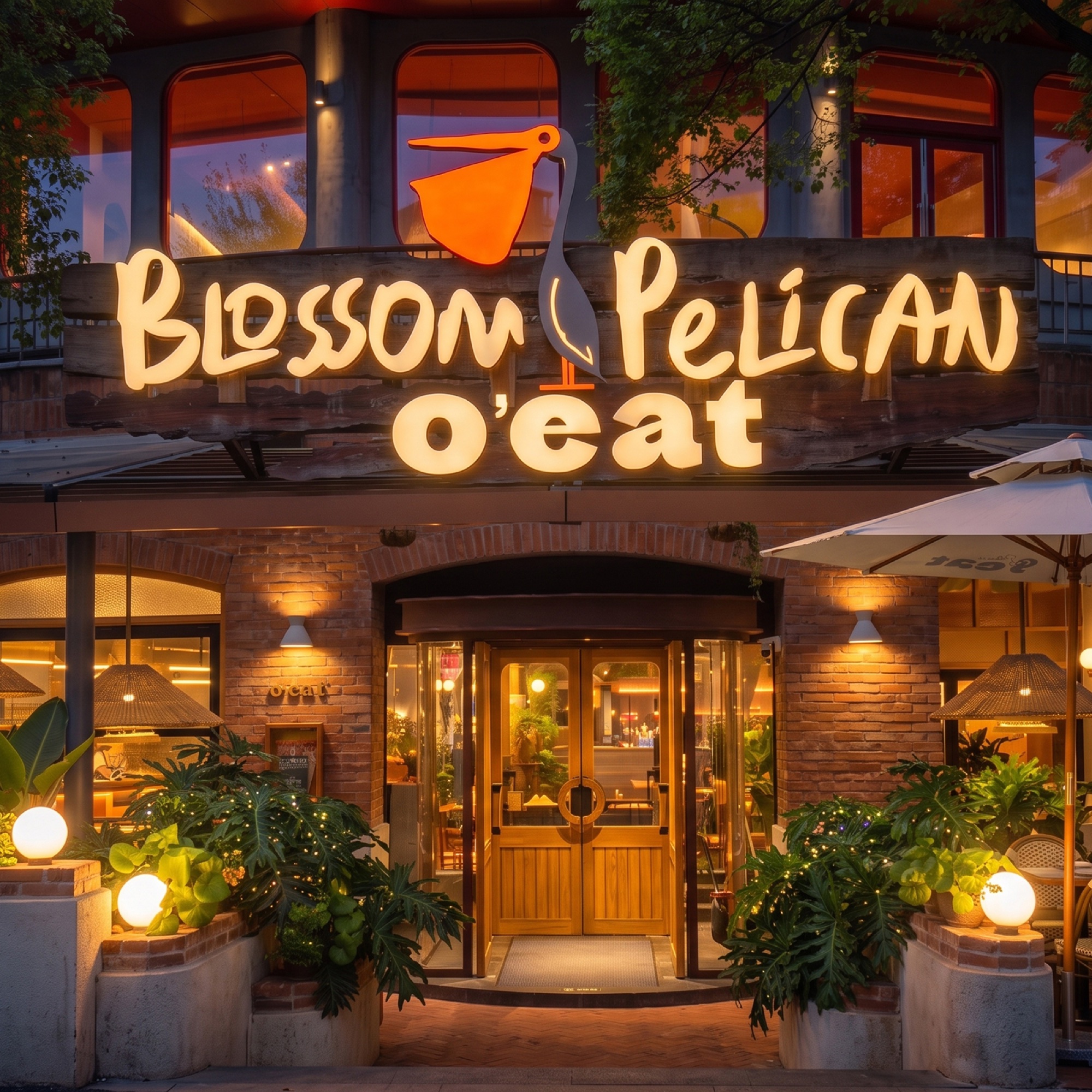Illuminated Blossom Pelican letters installed above a storefront